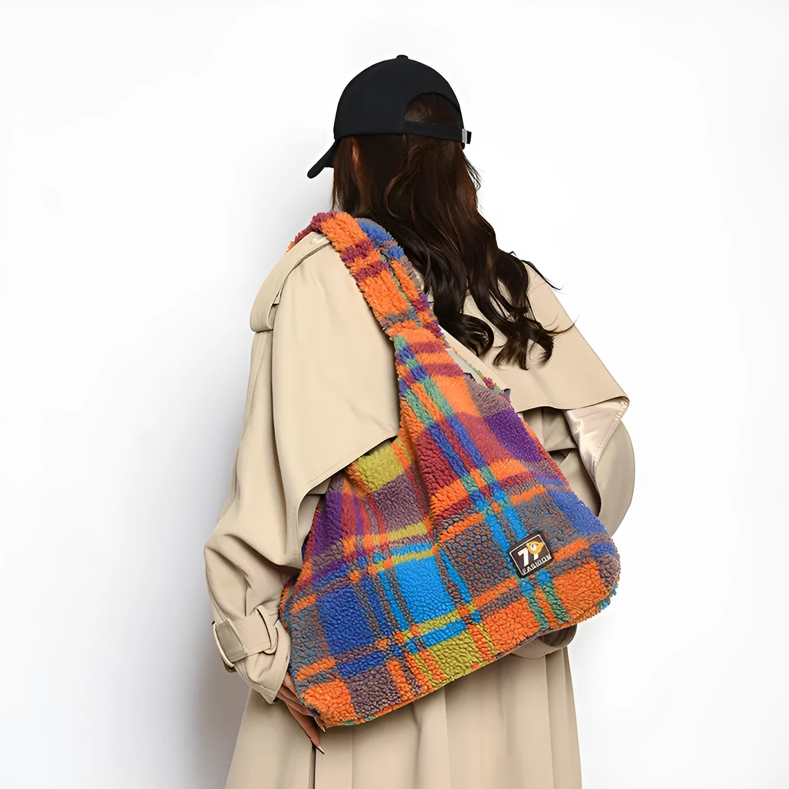 Women's soft plush plaid crossbody tote bag in army green, showing horizontal square shape and shoulder strap