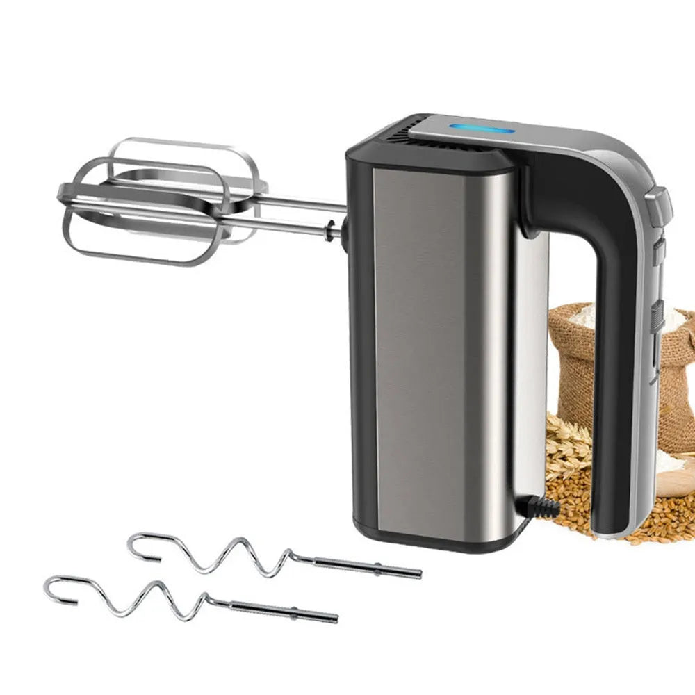 Silver handheld electric whisk with 5-speed control dial