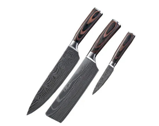 Chef knife with laser Damascus pattern blade, colour steel handle, showing 18cm blade length