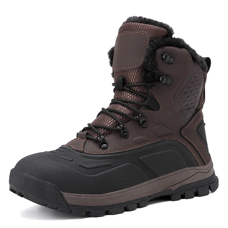 Men's black fleece-lined high-top lace-up boots with a tall upper and ribbed sole.