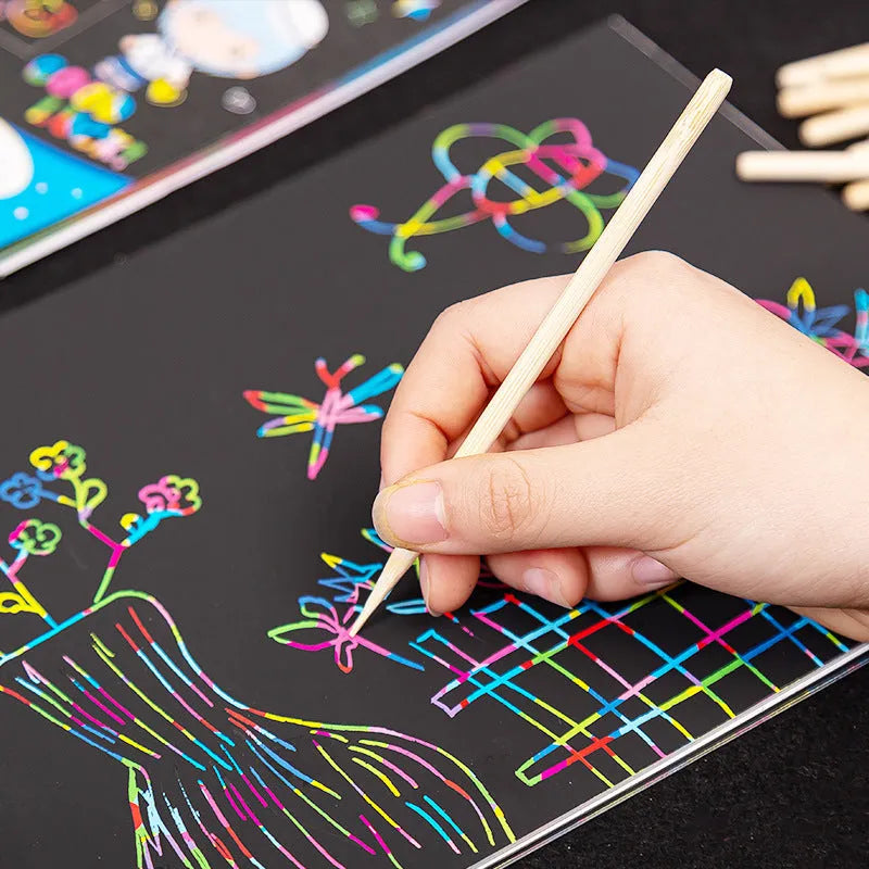 Scratching tool set with scraper pen, brushes, repair solution and bamboo sticks for scratch painting