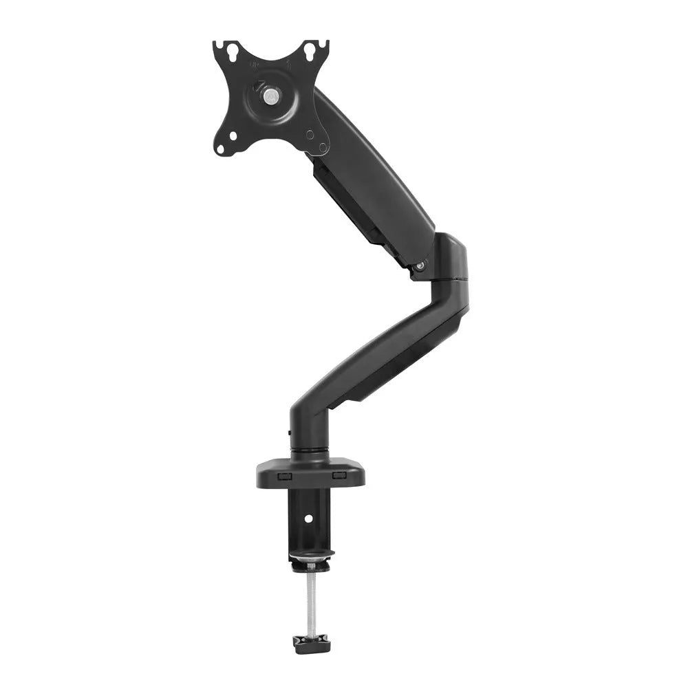 Black rotating telescopic LCD screen bracket on table with adjustable height and rotation features