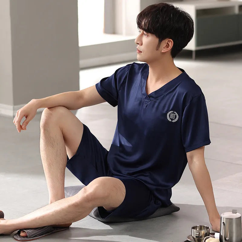 Men's loose-fitting ice silk short-sleeve pajama shirt and shorts set in various colours.