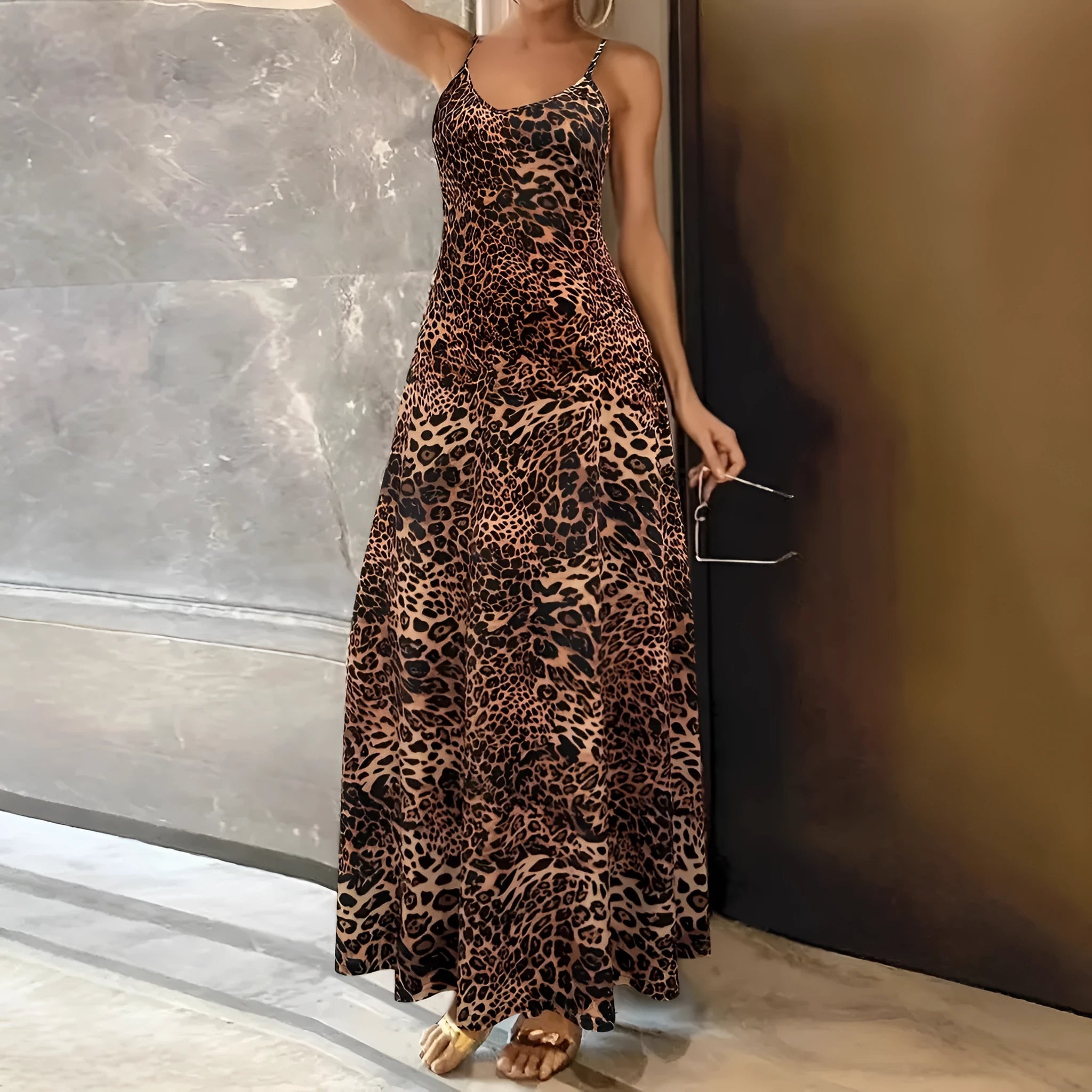 Dark brown leopard print sleeveless dress with round neck and mid waist hip skirt design