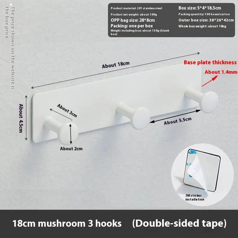 Iron adhesive wall hook with multiple arms on shower door, white double-sided tape visible