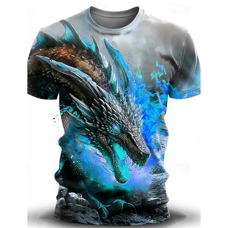 Men's grey T-shirt with a large, detailed 3D blue and white wind dragon print across the chest.