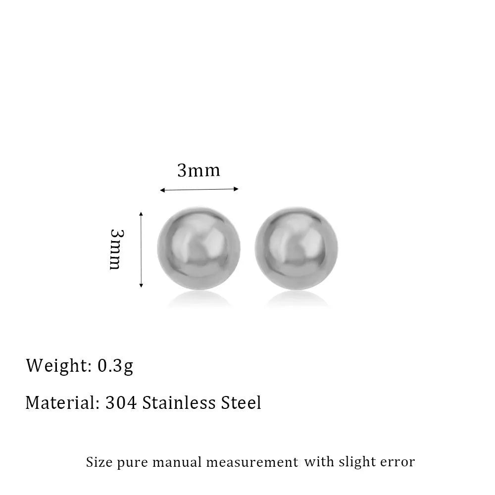 Stainless steel ball stud earrings in gold and silver finishes, showing 3mm to 6mm size comparison