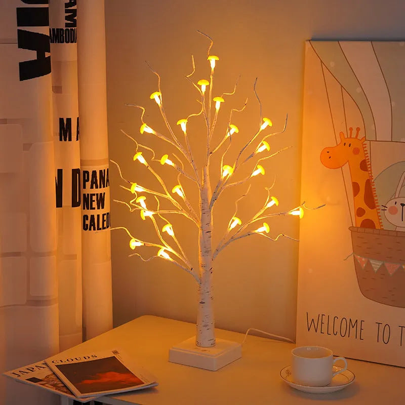 60cm tall mushroom tree lamp with warm LED lights and 24 detachable plastic flowers on birch-style trunk