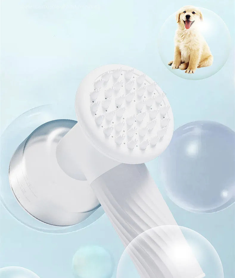 Automatic foaming dog bath brush with soap dispenser and silicone bristles on a white background