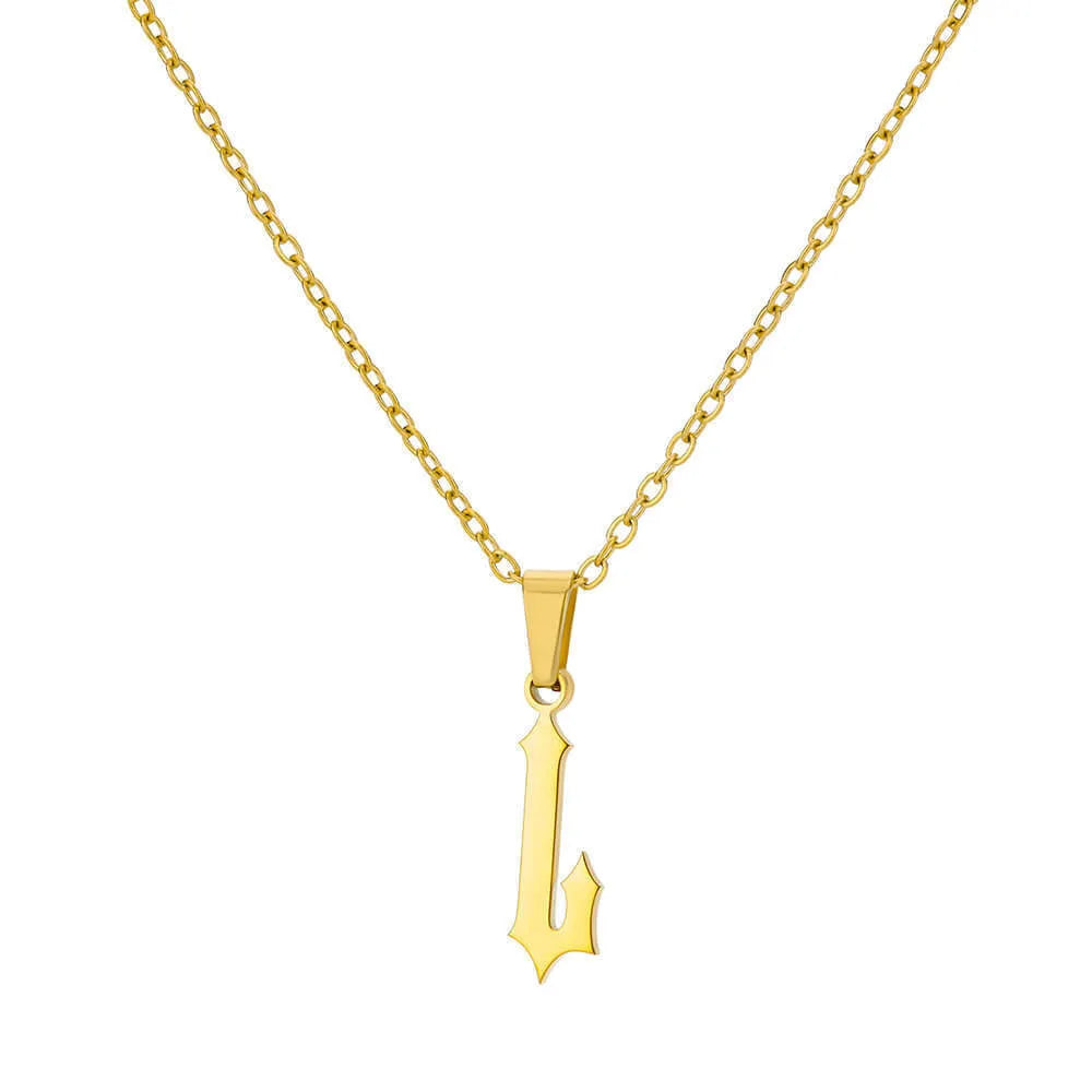 Gold stainless steel ancient English letter pendant necklace with O-ring chain on white background