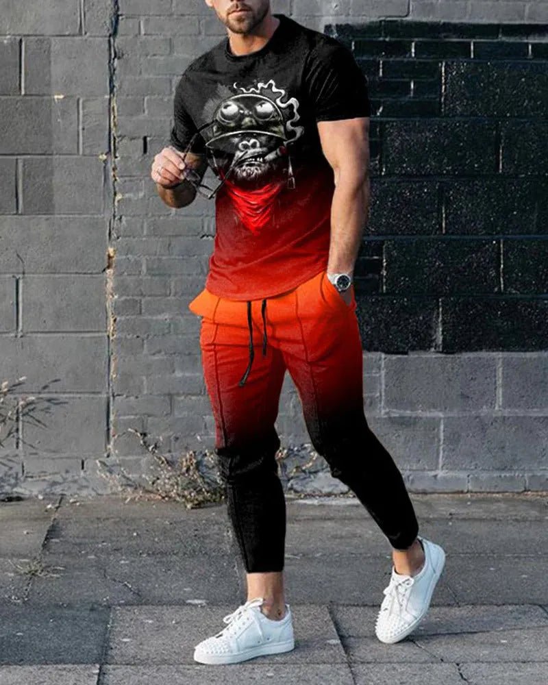 Men's short sleeve printed top and trouser sport suit set in polyester blend fabric.