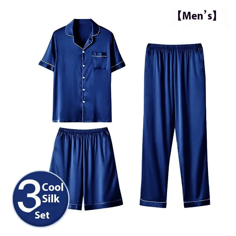 Men's ice silk three-piece home wear set showing shorts and trousers in a choice of colours.