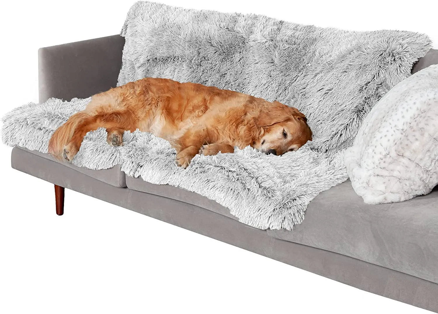 Plush waterproof dog cushion in dark grey showing double-layer thickening construction