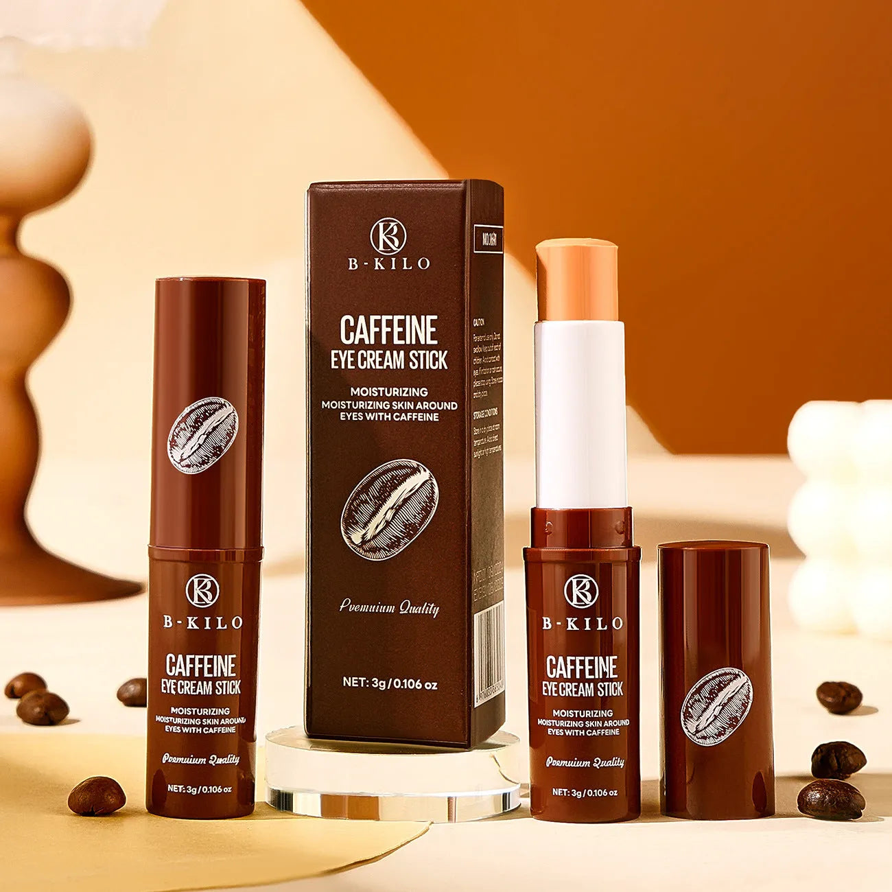 Caffeine Eye Cream Stick in a white tube, 3g net weight, for reducing dark circles and fine lines.