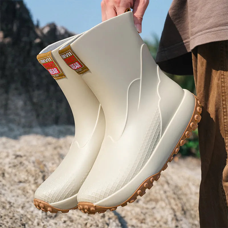Men's mid and low tube rain boots in black, waterproof PVC with non-slip plastic sole on wet ground