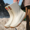 Men's mid and low tube rain boots in black, waterproof PVC with non-slip plastic sole on wet ground