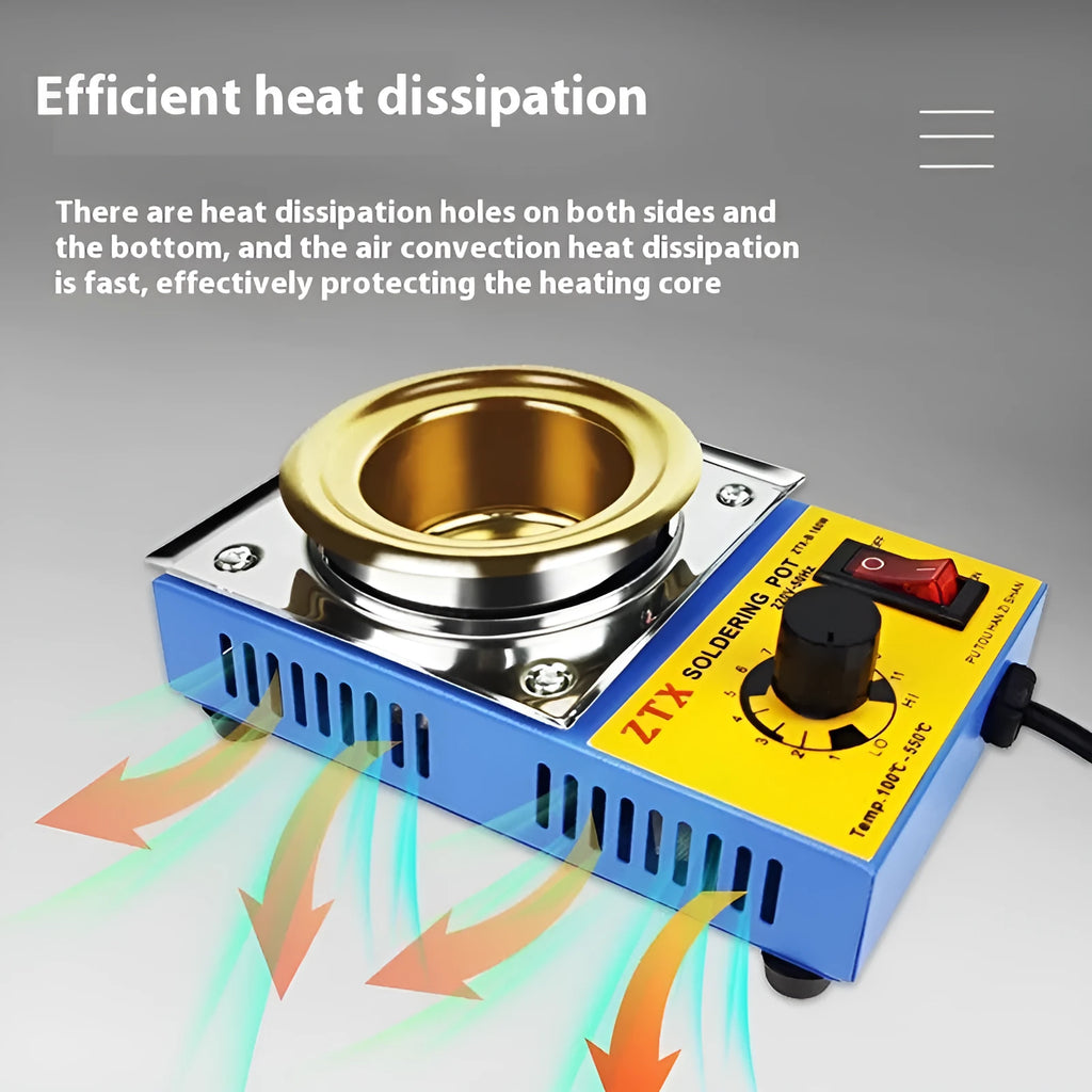 Desktop adjustable tin melting furnace with titanium-plated crucible and temperature dial.