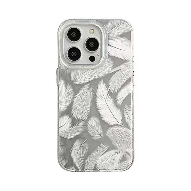 Silver gray gradient feather pattern TPU phone case with three-dimensional relief for iPhone 14 Pro Max half pack style