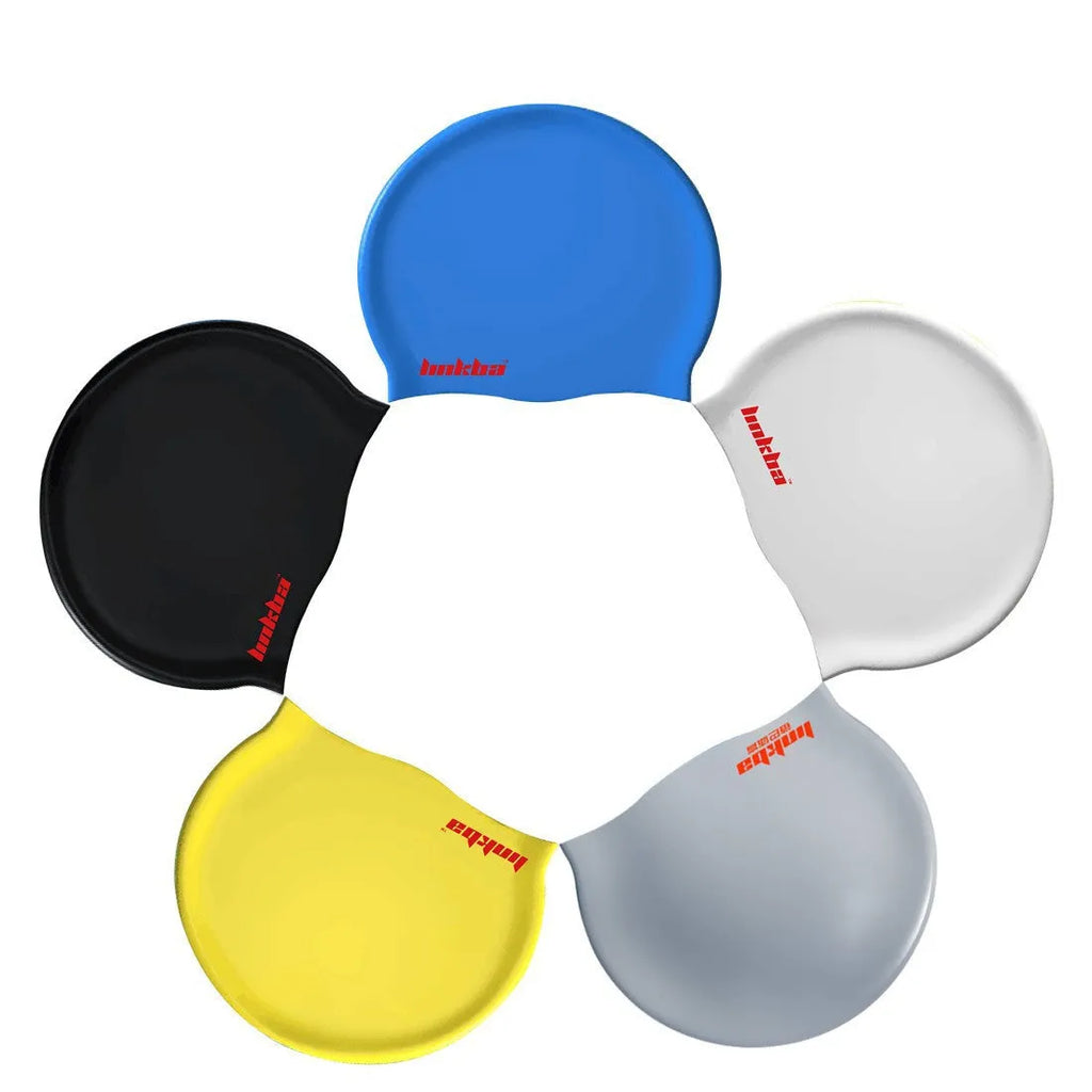 Silicone swimming cap with earmuff design and printed letters, shown in one of five colours: black, white, yellow, blue, or grey.
