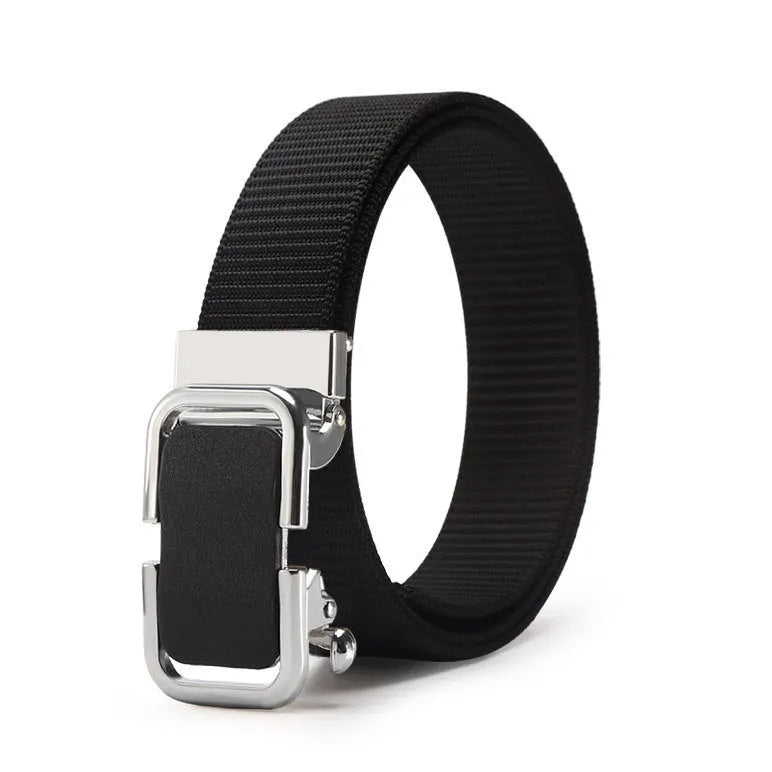 Men's nylon canvas belt with toothless alloy buckle shown in multiple colour options.