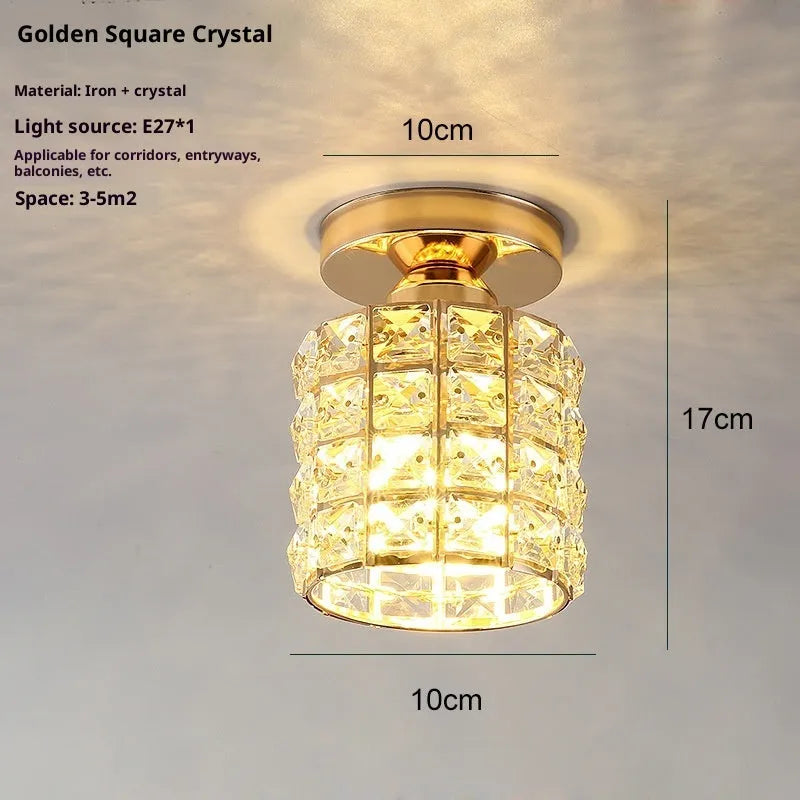 Modern minimalist balcony ceiling lamp with LED three-colour light and gold crystal finish on white ceiling
