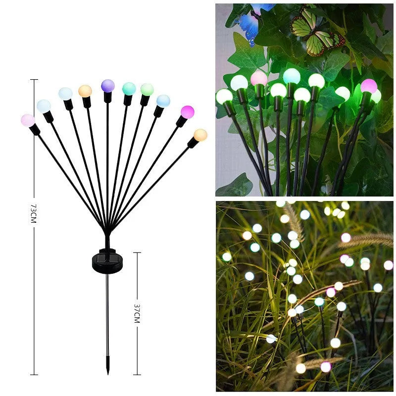 Solar-powered LED garden ground light with multiple light heads and a stainless steel spike for installation.