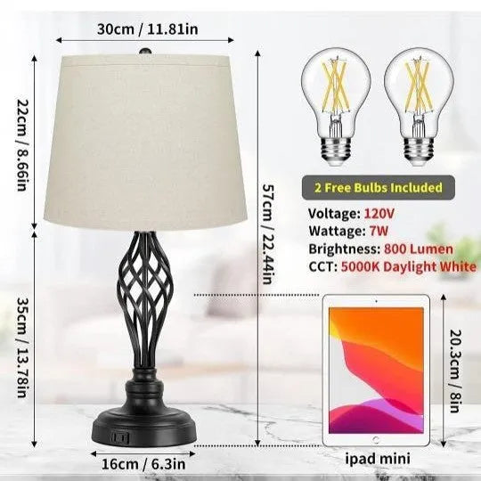 European style alloy bedside table lamp with touch controls for cold and warm dimmable light and USB charging socket