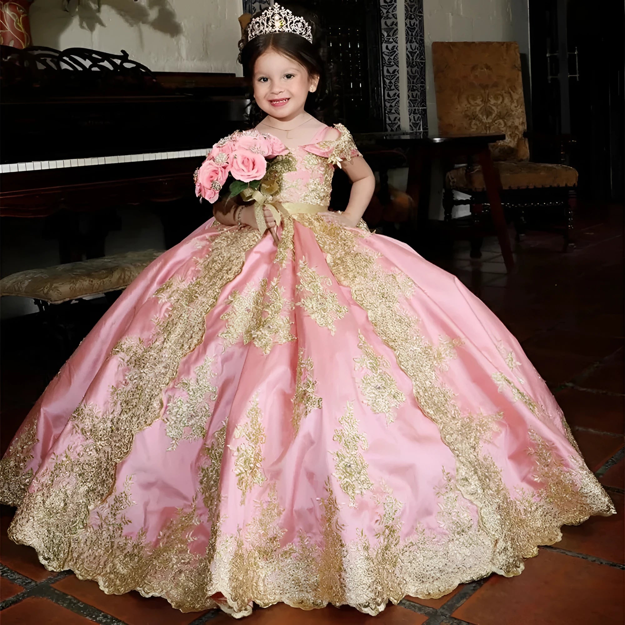 Girls floor-length cotton blend pettiskirt evening dress with lace in pink