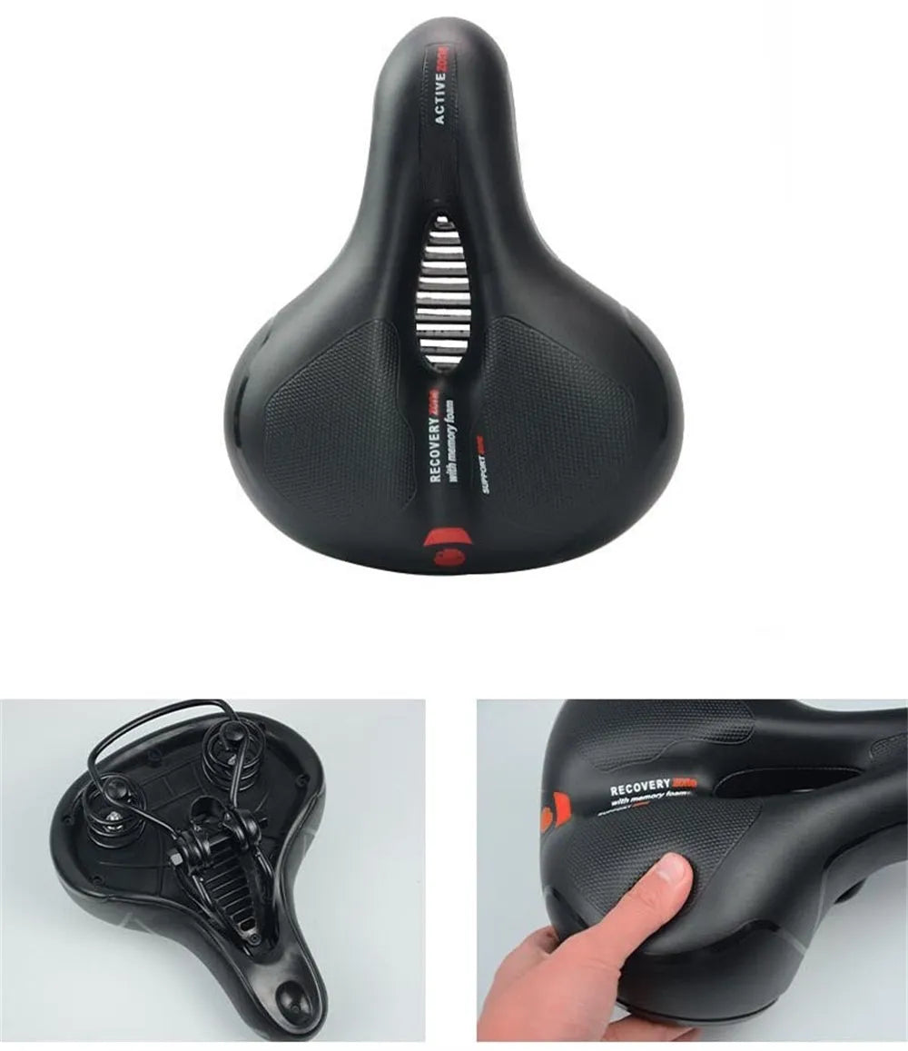 Bicycle saddle cushion with thickened silicone padding and PU leather cover including waterproof accessory