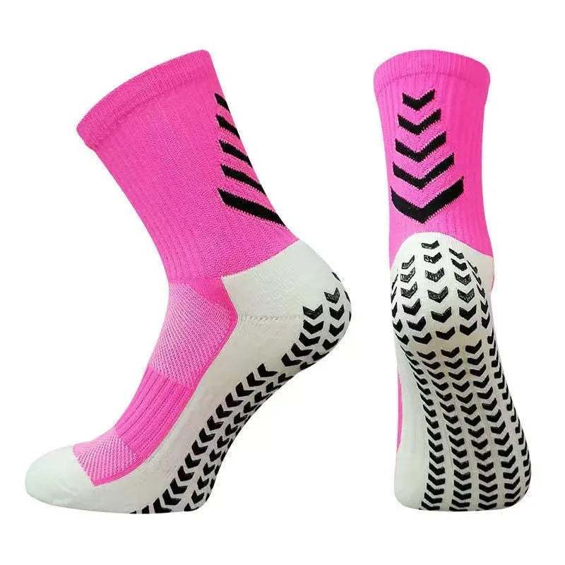 Men's mid-calf athletic socks with geometric patterns and silicone grip for running sports