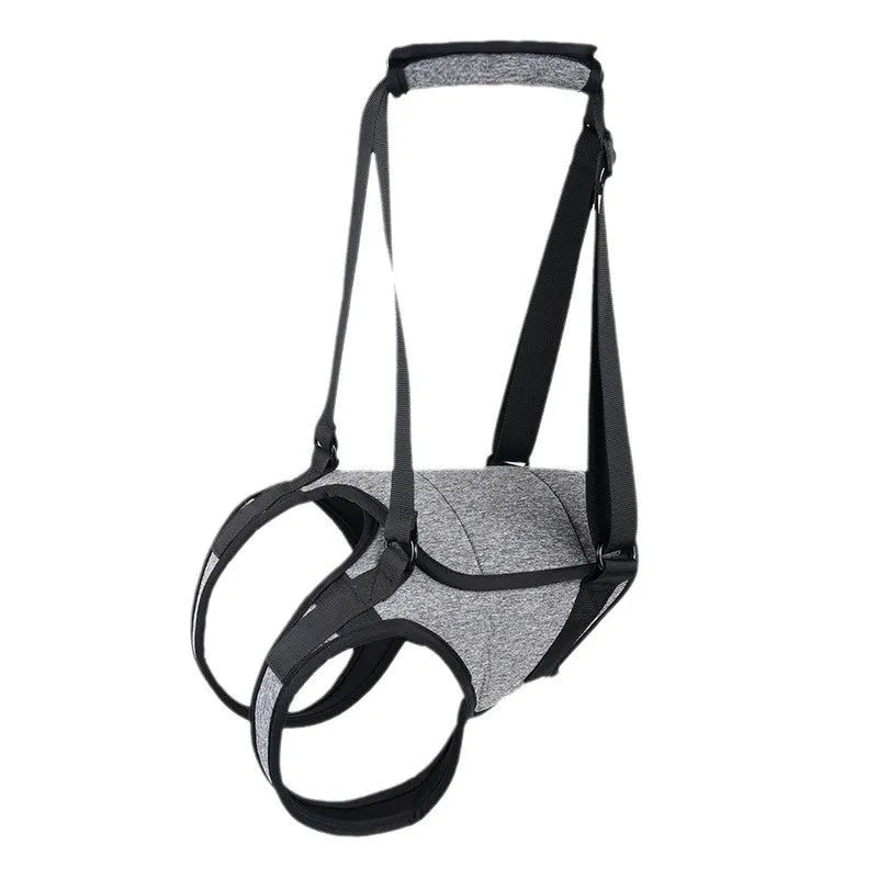 Grey neoprene dog recovery belt for injured rear leg support with adjustable sizing