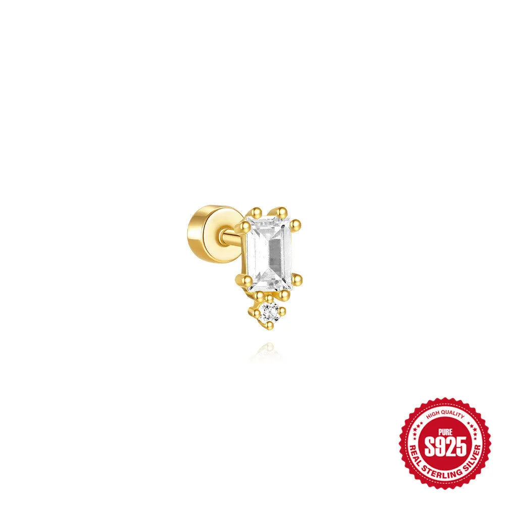 S925 sterling silver flat column threaded ear bone studs with butterfly clasp in a gold electroplated finish.