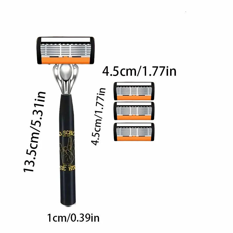 Black manual shaver handle with six-layer finger grip design and multiple blade configurations