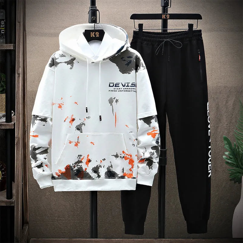 Men's printed kangaroo pocket hooded sweater suit in blue, cotton fabric, front view