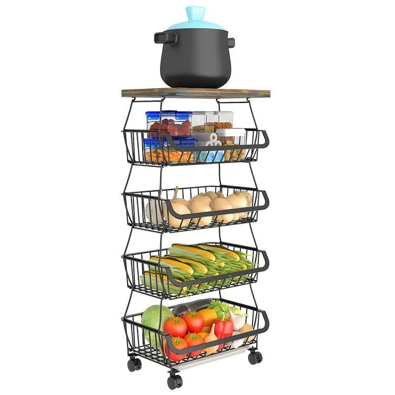 Black six-layer floor-standing kitchen storage trolley with carbon steel construction