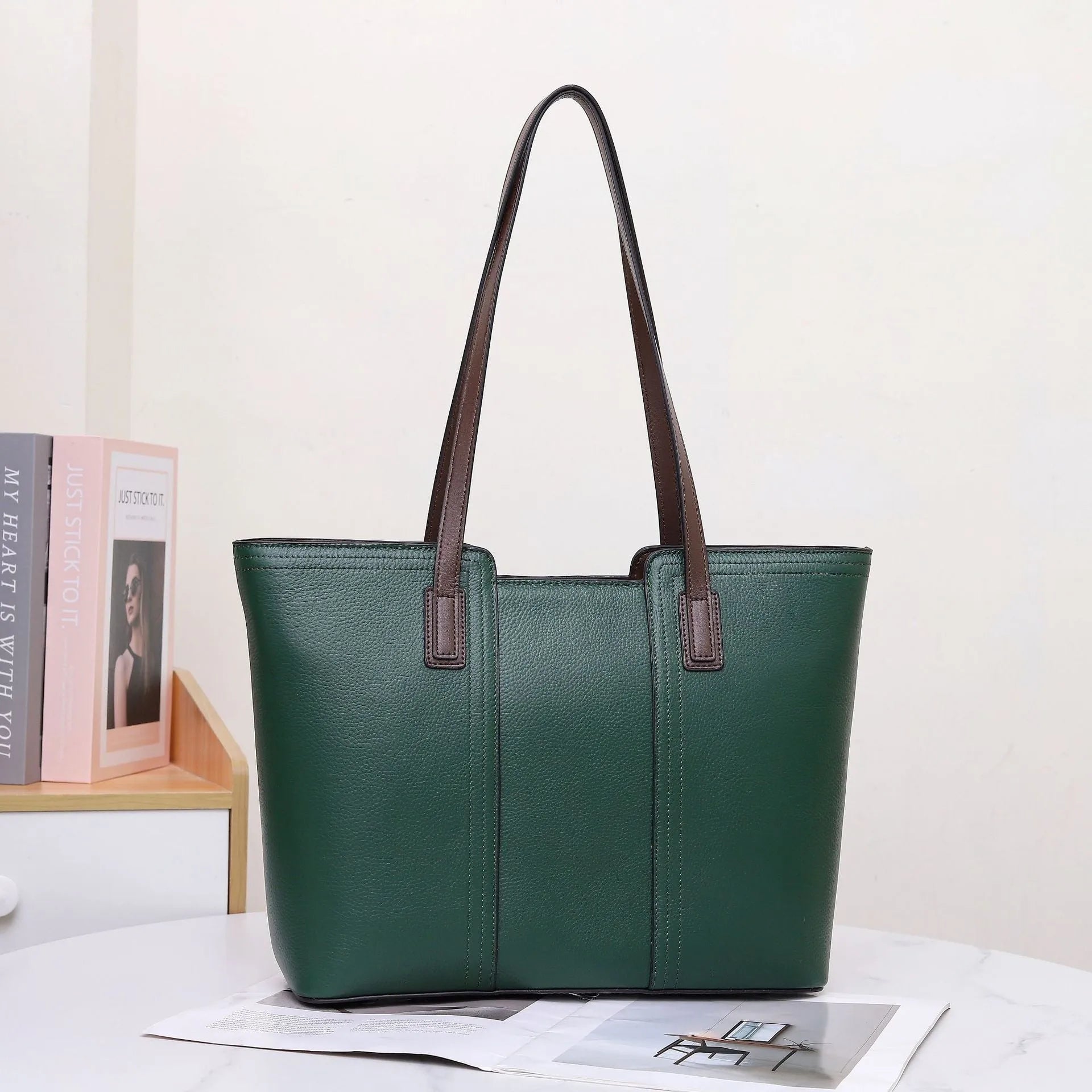 Women's genuine leather commuter shoulder bag in khaki colour with sandwich pocket and internal organisation