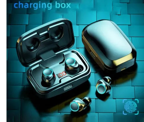 Black Bluetooth gaming headset with charging case that functions as mobile phone power bank