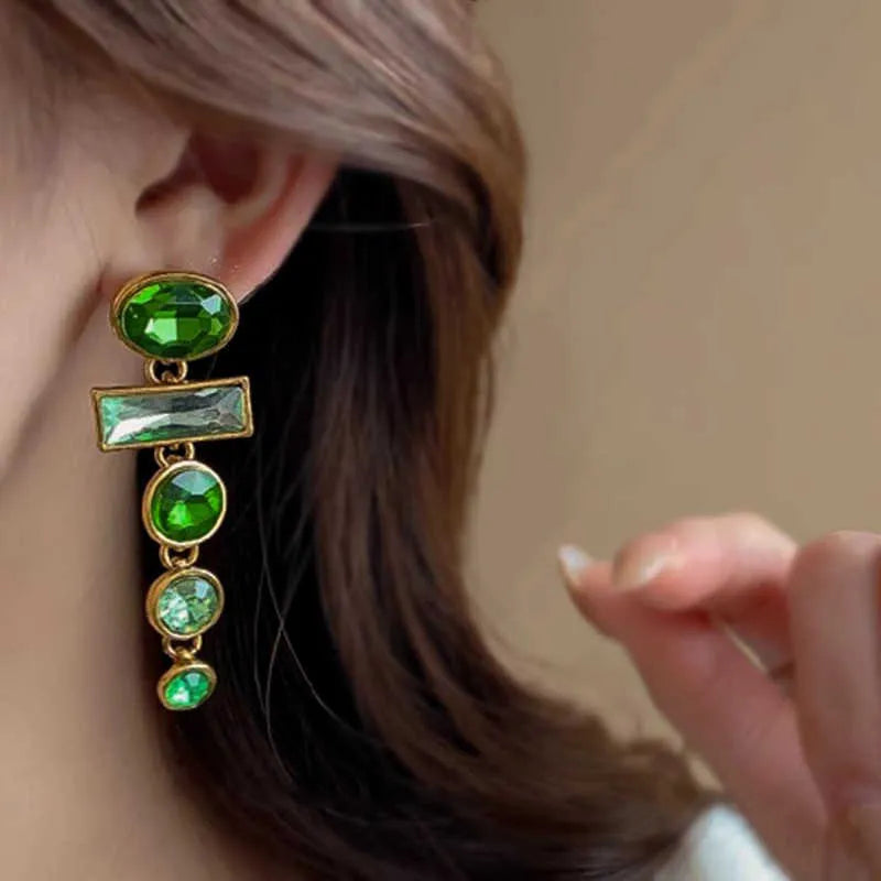 Geometric green gradient earrings with zircon inlay and tassel drops, Chinese style design