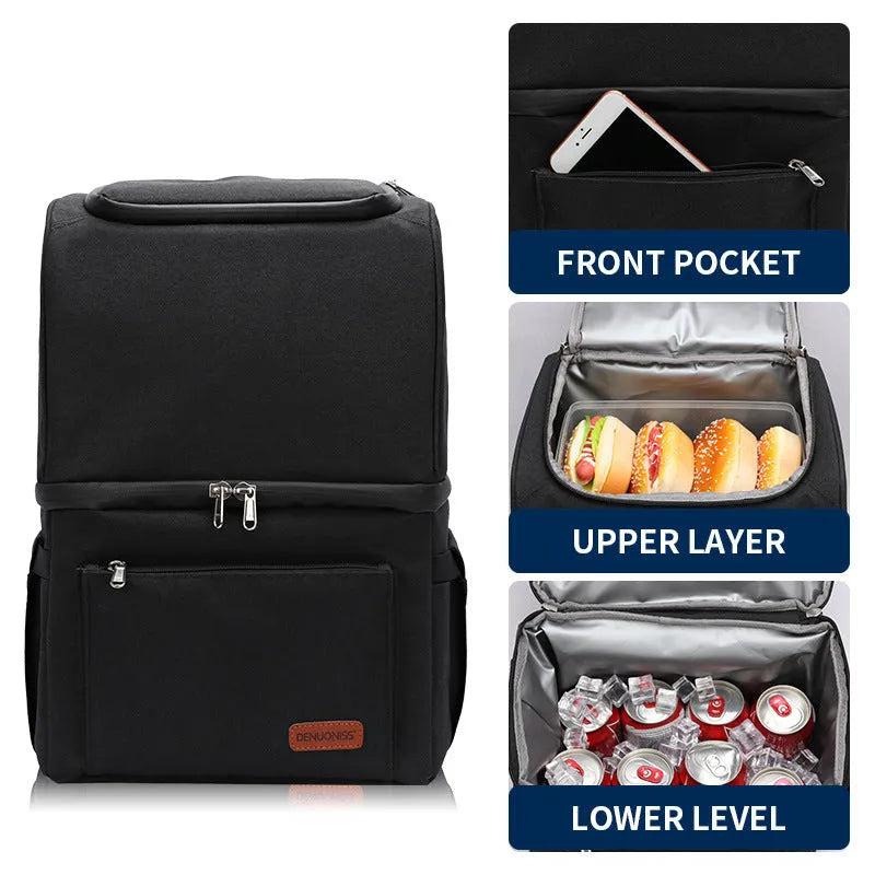 Blue insulated backpack with double-layer construction and refrigerated ice pack compartment open