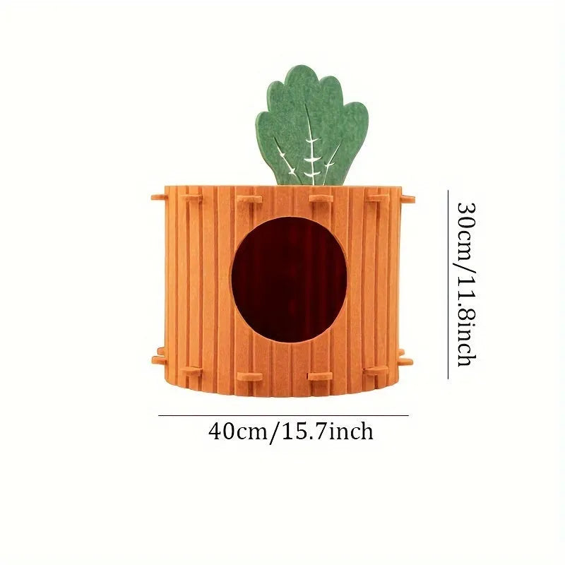 Carrot-shaped grey felt cat tunnel nest for cats, shown in a semi-enclosed design.
