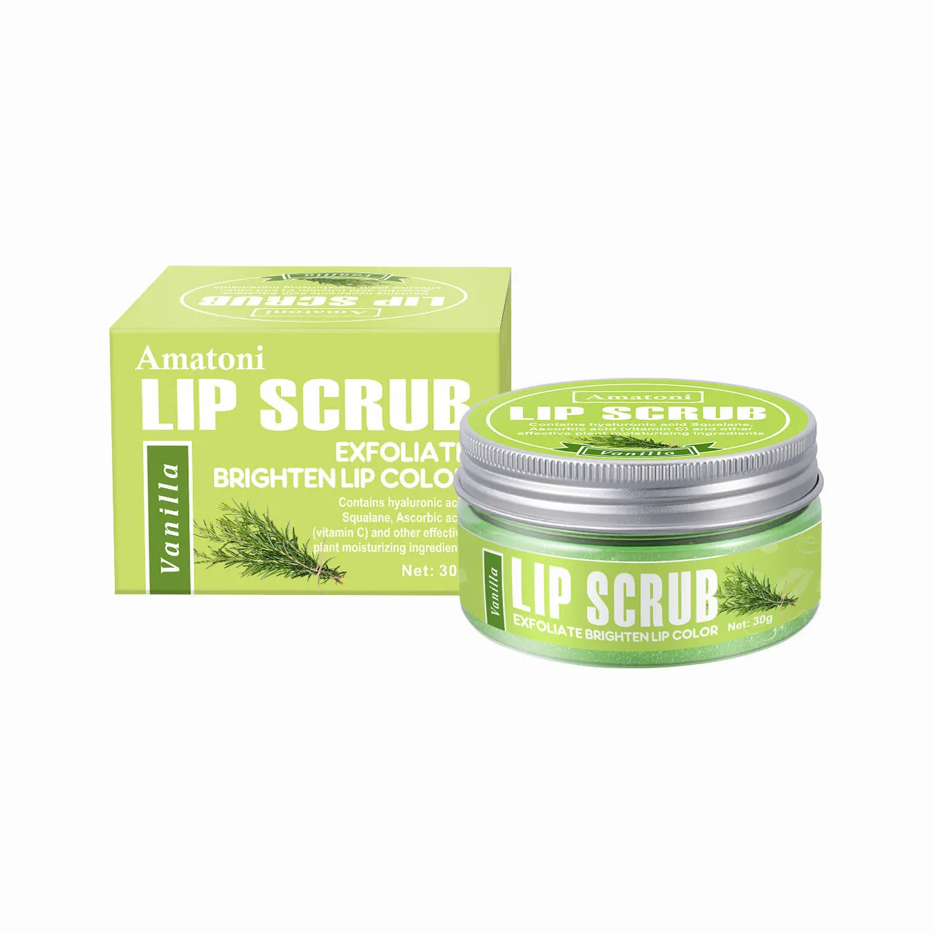 Amatoni lip scrub cream pot in coconut, raspberry, vanilla, or watermelon flavour, 30g.