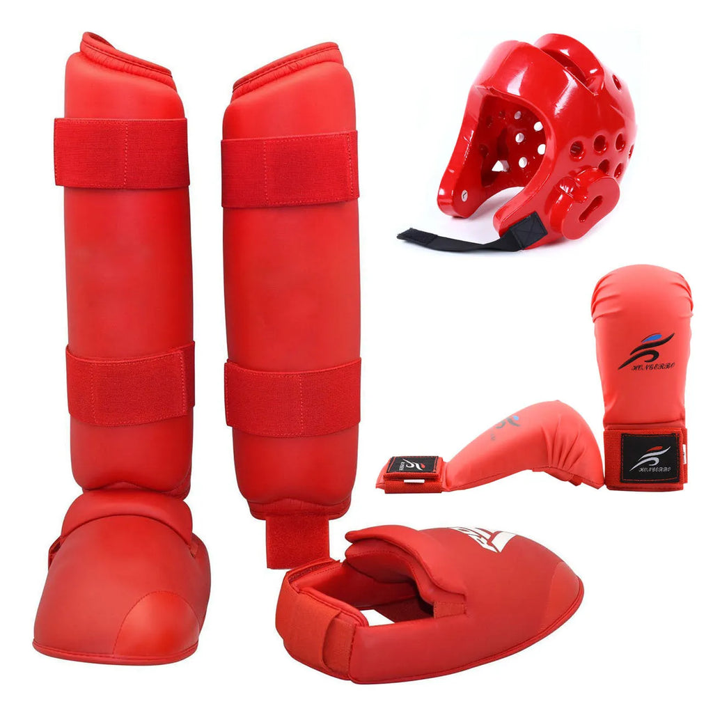 Red and blue karate protective gear set showing a helmet and leg guards made of PU material.