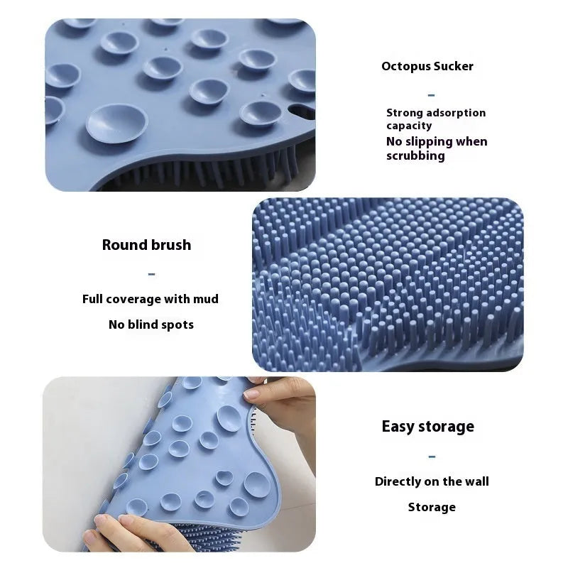 Blue silicone bath rub cushion mat for back scrubbing, shown flat with textured surface.