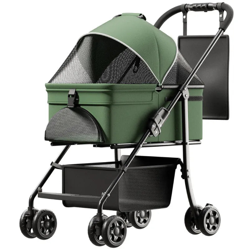 Black folding pet cart with detachable design and metal construction showing large capacity interior