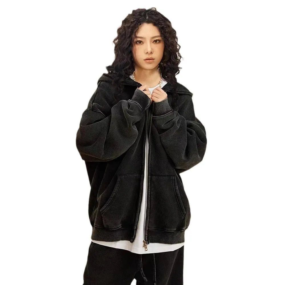 Men's vintage-style dark green fleece-lined hooded cardigan with a double zip front.