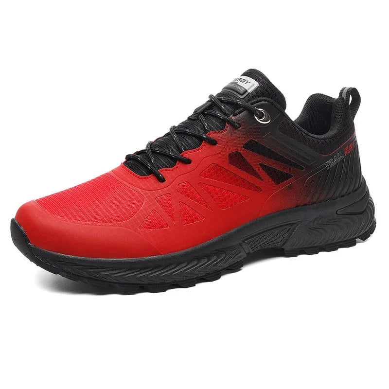 Men's black breathable mesh outdoor running shoes with round toe and lace-up closure