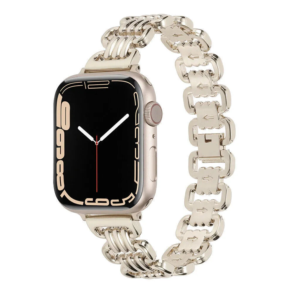 Alloy metal Apple Watch band in rose gold on a wrist, showing the connection to a watch case.