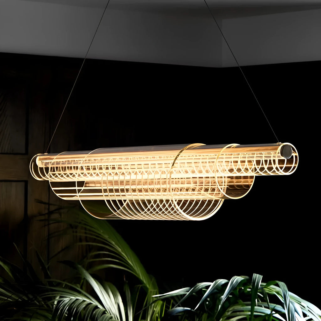 Modern minimalist glass pendant lamp with iron frame in three size options for restaurant lighting