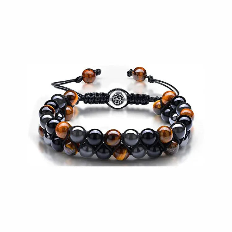 Men's double-layer woven tiger eye stone bracelet with bright magnetic clasp, blue yellow colourway