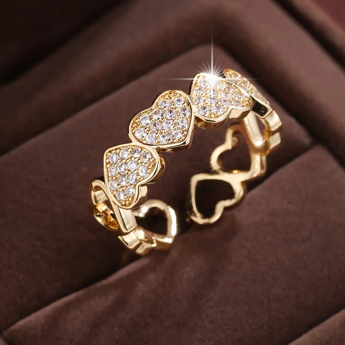 Adjustable opening couples ring with geometric heart design in gold finish